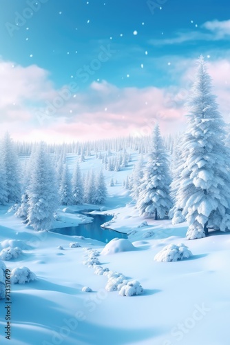 Winter Wonderland Room: Snow-Covered Floor, Forest of Trees, Seasonal Backdrop, Frosty Landscape, Snowy Interior, Enchanting Setting, Holiday Ambiance, Frozen Wonderland, Magical Forest, Winter Photo  © hisilly