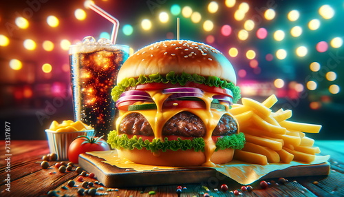 Illustrate a delicious burger placed against a vibrant blurry backdrop with vivid colors. Perfectly cooked patty, melting cheese, and crisp vegetables.