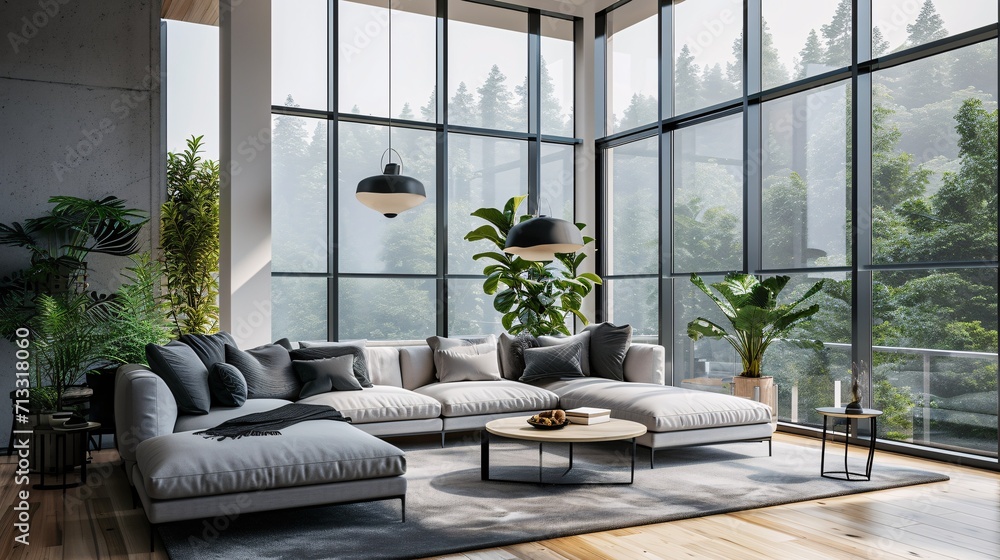 Brightly lit room with a charcoal couch, center table and large window. Brightly lit room with a charcoal couch, center table and large window.