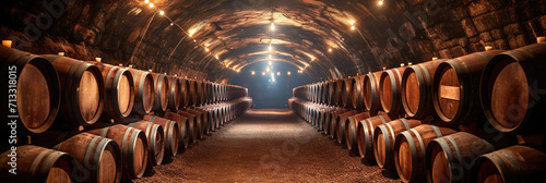 wine barrels in cellar, a dark cave with rows of wine barrels