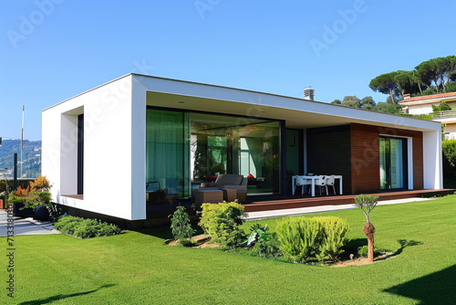 a beautiful modern minimalist mini house with a big grass lawn and garden © Kien