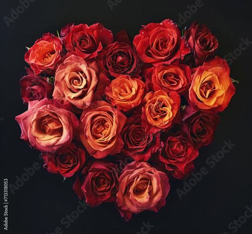 Bouquet of red  orange and yellow roses arranged in a heart shape