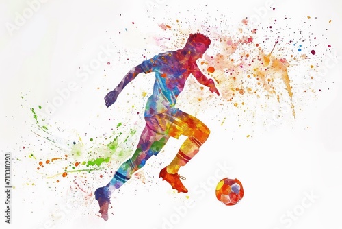 Watercolor of a soccer player on white.