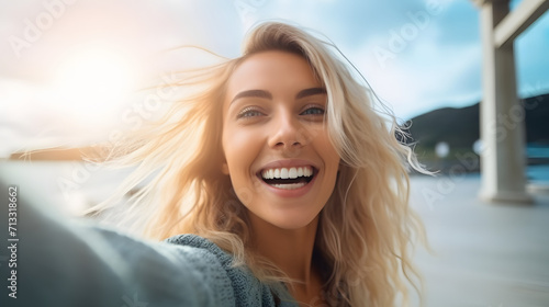 Happy blonde woman, taking selfie shot, motivation and wellness, peace and hope. Smile female, optimism , dream and success concepts