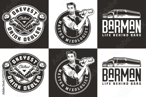 Bartender design with bottle stopper and boston shaker for bartending school. Vector emblem set of chromed metal equipment or cocktail bar tool for barman or barkeep