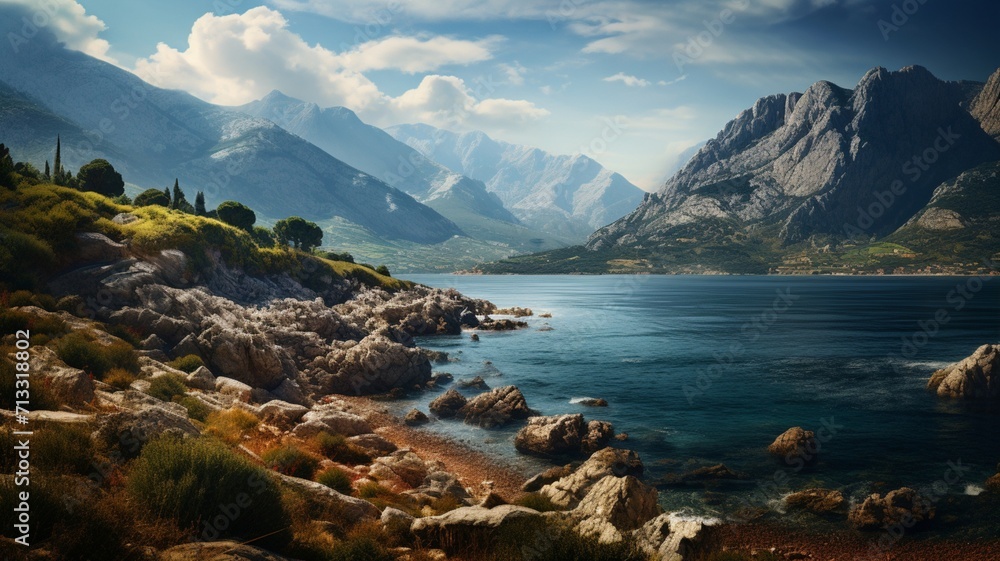 A tranquil bay surrounded by lush greenery, where the mountains meet the sea in a perfect harmony of nature, undisturbed and serene -Generative Ai