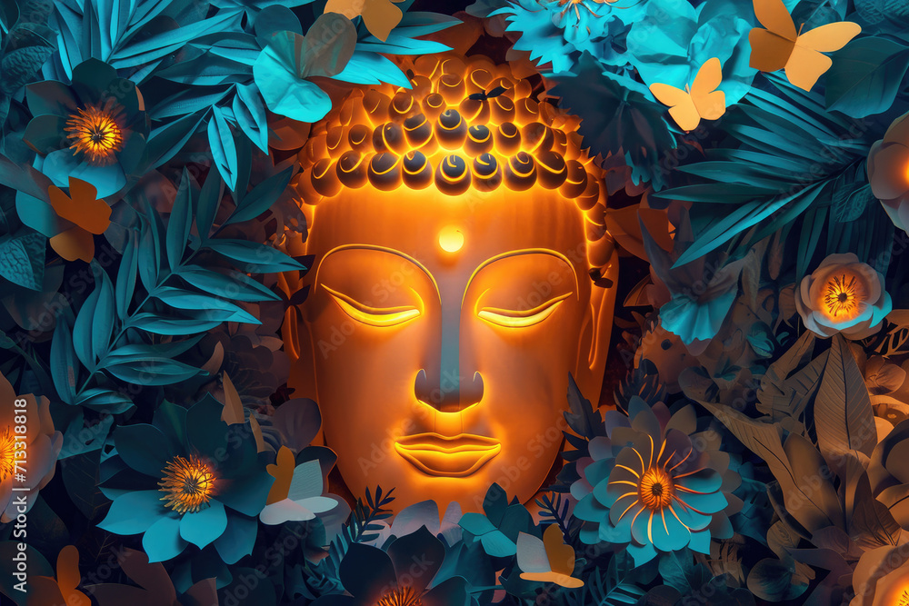 a big glowing golden buddha face with glowing nature background, multicolor paper cut flowers, butterflies