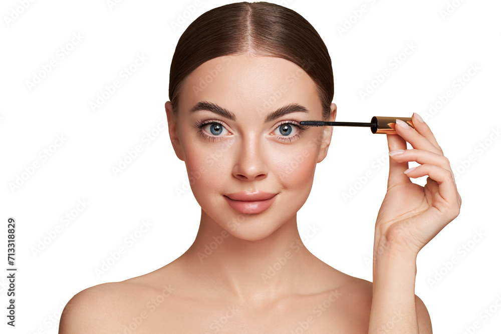 Beauty woman applying black mascara on eyelashes with makeup brush. Eyelash extensions. makeup, cosmetics. Beauty skincare