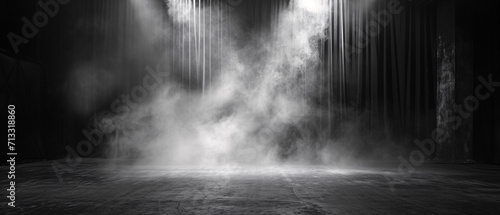 Empty stage with monochromatic colors  dynamic lighting design and atmospheric smoke  offering a dramatic and artistic visual.