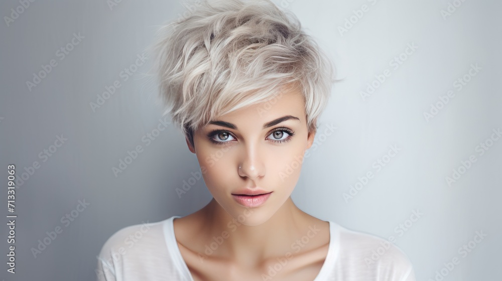 Beautiful woman with modern short hair style with space background for ads Beautiful woman with modern short hair style with space background for ads
