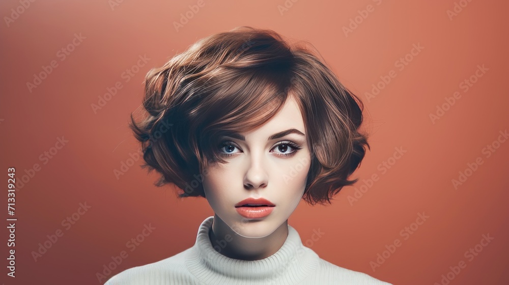 Beautiful woman with modern short hair style with space background for ads Beautiful woman with modern short hair style with space background for ads