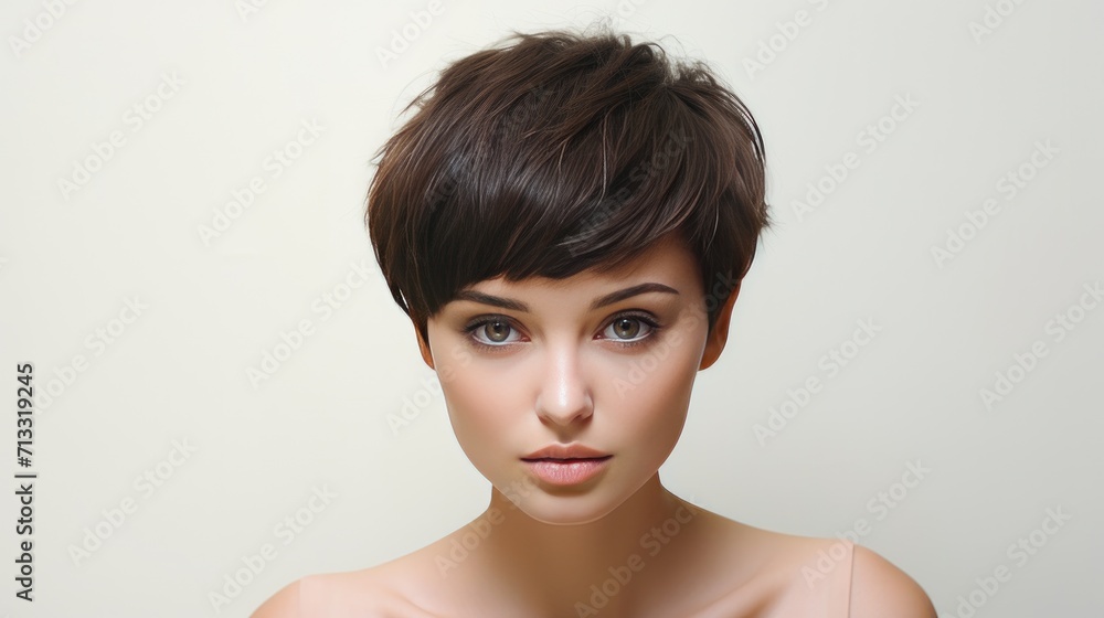 Beautiful woman with modern short hair style with space background for ads Beautiful woman with modern short hair style with space background for ads