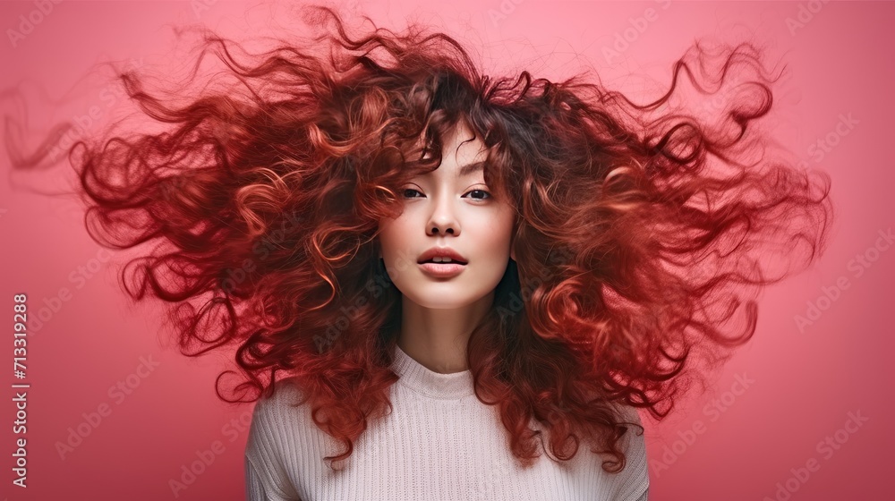 Fototapeta premium Beautiful woman with modern curly long hair style with space background for ads