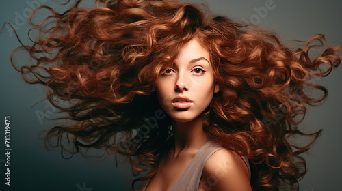 Beautiful woman with modern curly long hair style with space background for ads