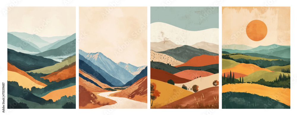 Mountain background vector. Minimal landscape art with watercolor brush line art texture. Abstract art wallpaper for prints, Art Decoration, wall arts and canvas prints.