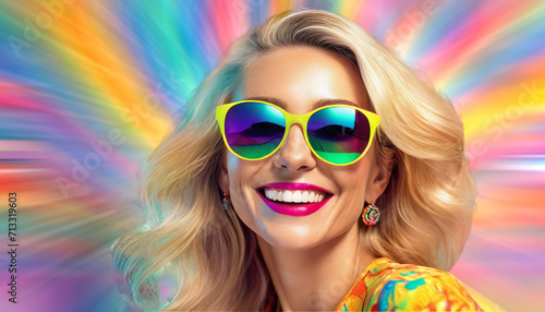 Portrait einer glücklichen jungen Frau mit blonden Haaren und Sonnenbrille