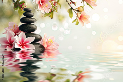 Spa treatment background with flowers and massage stones reflected in the water 