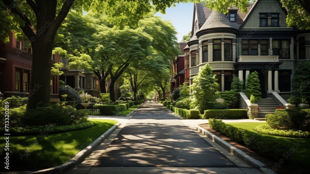 A tree-lined suburban street, each house adorned with unique architectural styles, capturing the essence of a diverse community -Generative Ai