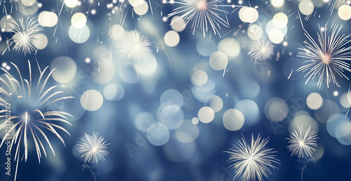 Dark blue background with bokeh lights and holiday fireworks.