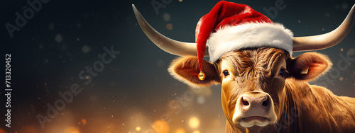 a bull in a Santa Claus hat. year of the bull concept