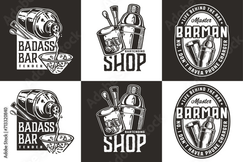 Bartender design with boston shaker for bartending school. Vector emblem set of chromed metal equipment or cocktail bar tool for barman or barkeep