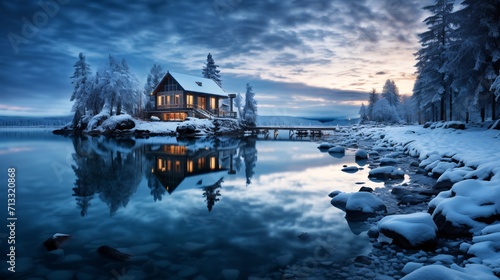 Breathtaking capture of a lakeside cabin during the magical twilight hours on a pristine Canadian winter day.