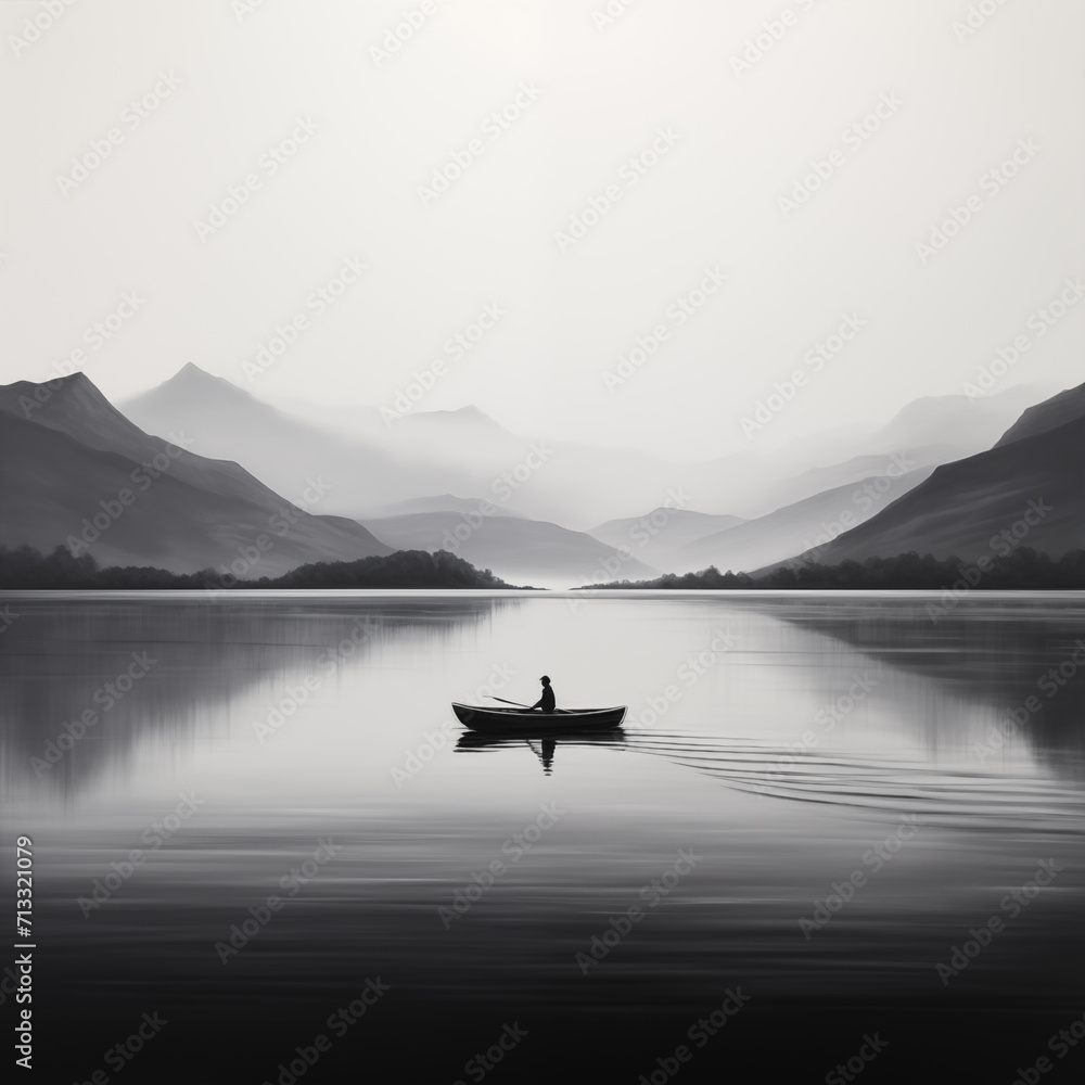 Lakeside Tranquility: Minimalist Black and White Oil Painting of a Canoe and Landscape