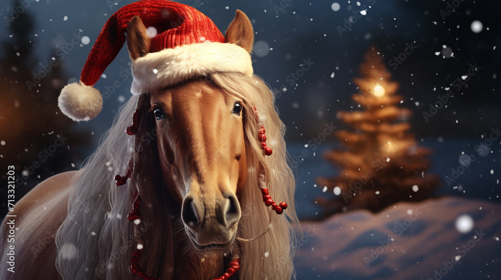 a horse in a Santa Claus hat. year of the horse concept