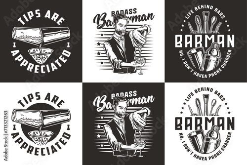 Bartender design with boston shaker for bartending school. Vector emblem set of chromed metal equipment or cocktail bar tool for barman or barkeep