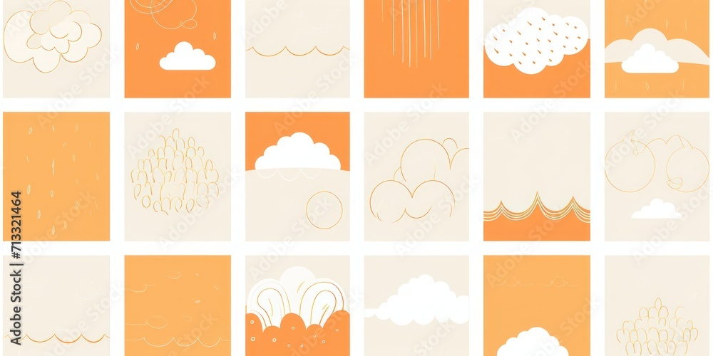 Ivory orange and cloud cute square pattern, in the style of minimalist line drawings