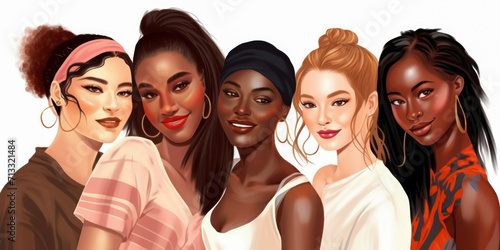 Group portrait of diverse beautiful happy young women