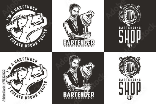 Bartender design with hawthorne strainer and boston shaker in hands for bartending school. Vector emblem set of chromed metal equipment or cocktail bar tool for barman or barkeep