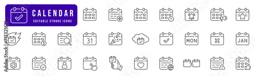 Calendar line icon set. Date, event, month, day, agenda, clock etc. Editable stroke