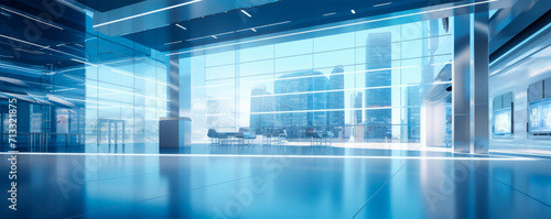 Spacious lobby with an open floor plan  minimalist furniture and large windows overlooking the cityscape. The interior is in cool blue tones  suggesting a corporate or technological atmosphere.