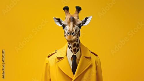 Giraffe in a coat on a yellow background