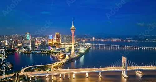 Aerial panning shot of Macau architecture skyline and bridge transportation photo