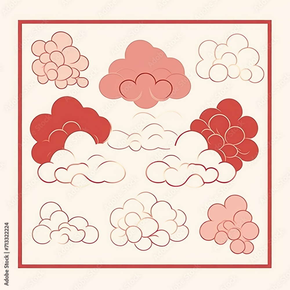 Ivory red and cloud cute square pattern, in the style of minimalist line drawings