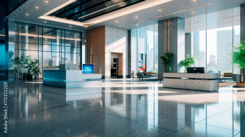 Spacious lobby with an open floor plan, minimalist furniture and large windows overlooking the cityscape. The interior is in cool blue tones, suggesting a corporate or technological atmosphere.