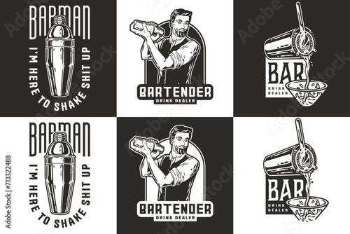 Bartender design with boston shaker and martini for bartending school. Vector emblem set of chromed metal equipment or cocktail bar tool for barman or barkeep