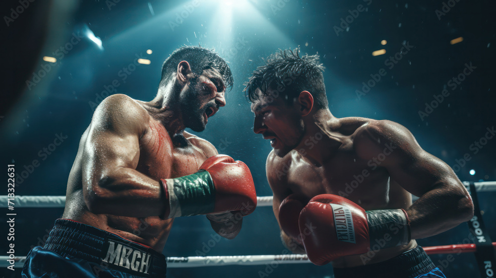 Boxers exchanging blows during a high stakes match under bright lights