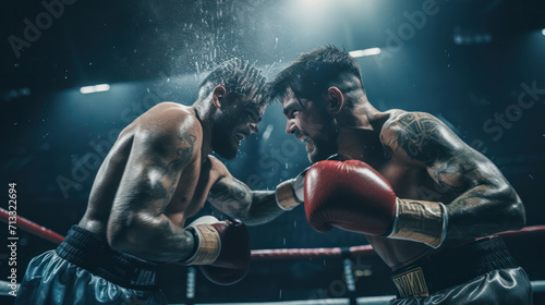 Boxers exchanging blows during a high stakes match under bright lights