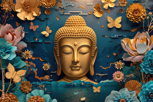 a big glowing golden buddha face with glowing nature background, multicolor paper flowers, butterflies