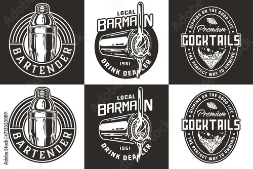 Bartender design with boston shaker for bartending school. Vector emblem set of chromed metal equipment or cocktail bar tool for barman or barkeep