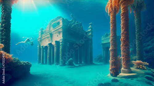 Ruins of an old historical legendary city under water. The Atlantic. A lost civilization. Generative AI