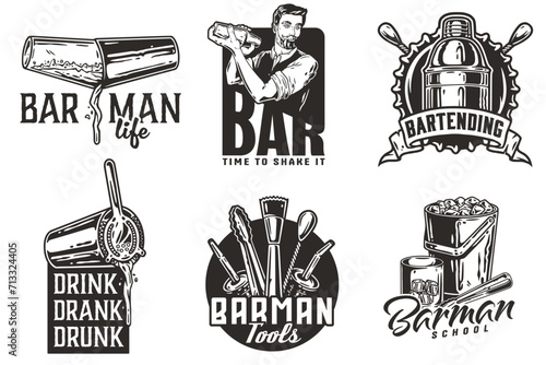 Bartender design with boston shaker in hands and bucket with ice for bartending school. Vector emblem set of chromed metal equipment or cocktail bar tool for barman or barkeep