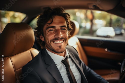 An elegant young man in a suit sits on leather seats in a car, looking smiling out the window © paffy