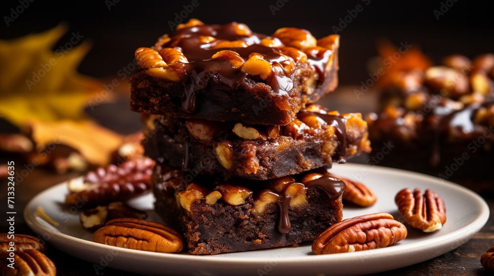 close-up of pieces of brownie pie with nuts on a plate