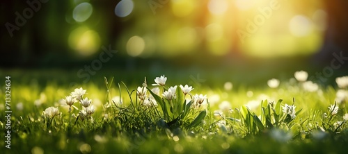 Spring background with grass and white flowers in the forest on a meadow on a sunny day on a blurred background