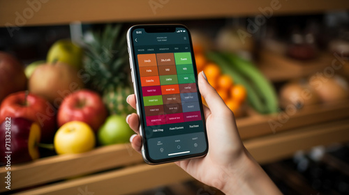 Woman using dieting app to track nutrition facts and calories in her food photo