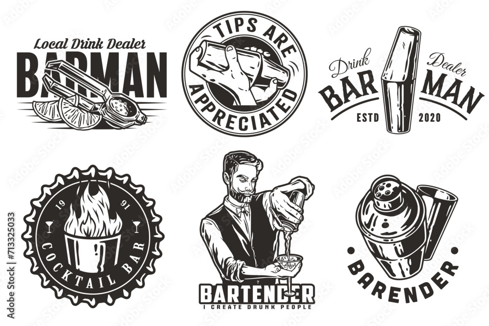 Fototapeta premium Bartender design with shot with fire, juicer and boston shaker in hands for bartending school. Vector emblem set of chromed metal equipment or cocktail bar tool for barman or barkeep
